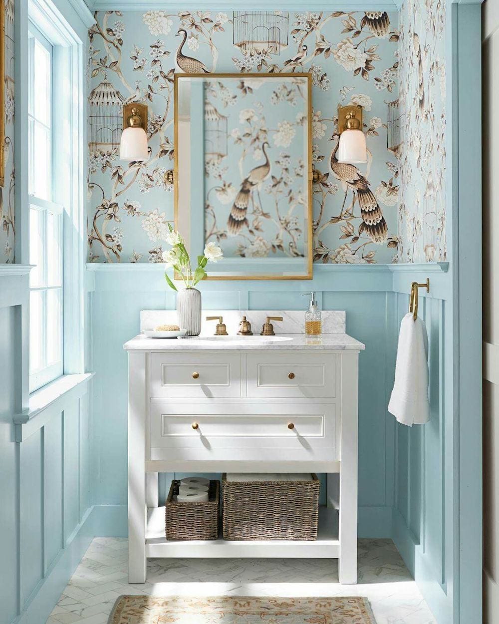 Pottery Barn cool blue and white bathroom - best pale blue paint colors