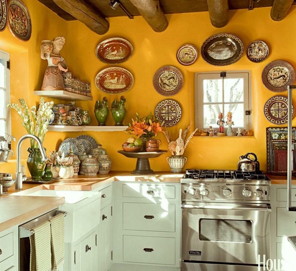 mexican-plate-kitchen - Benjamin Moore hc-7 - bryant gold - orange walls - via house beautiful
