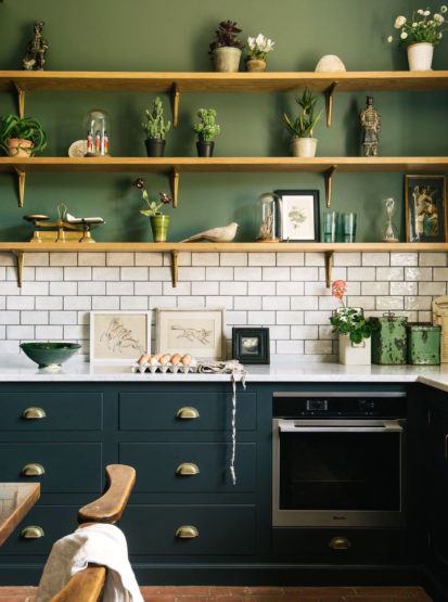DeVOL kitchens - green kitchen - white backsplash tile