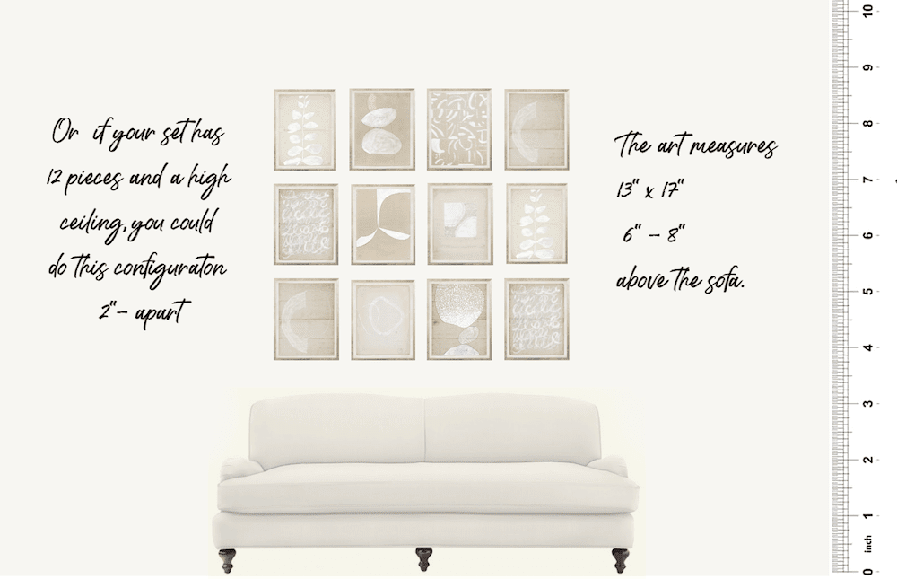 12 prints over a sofa - how to hang art