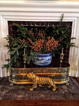 Christmas in Connecticut - Quintessence blog - fabulous brass greek key fireplace fender