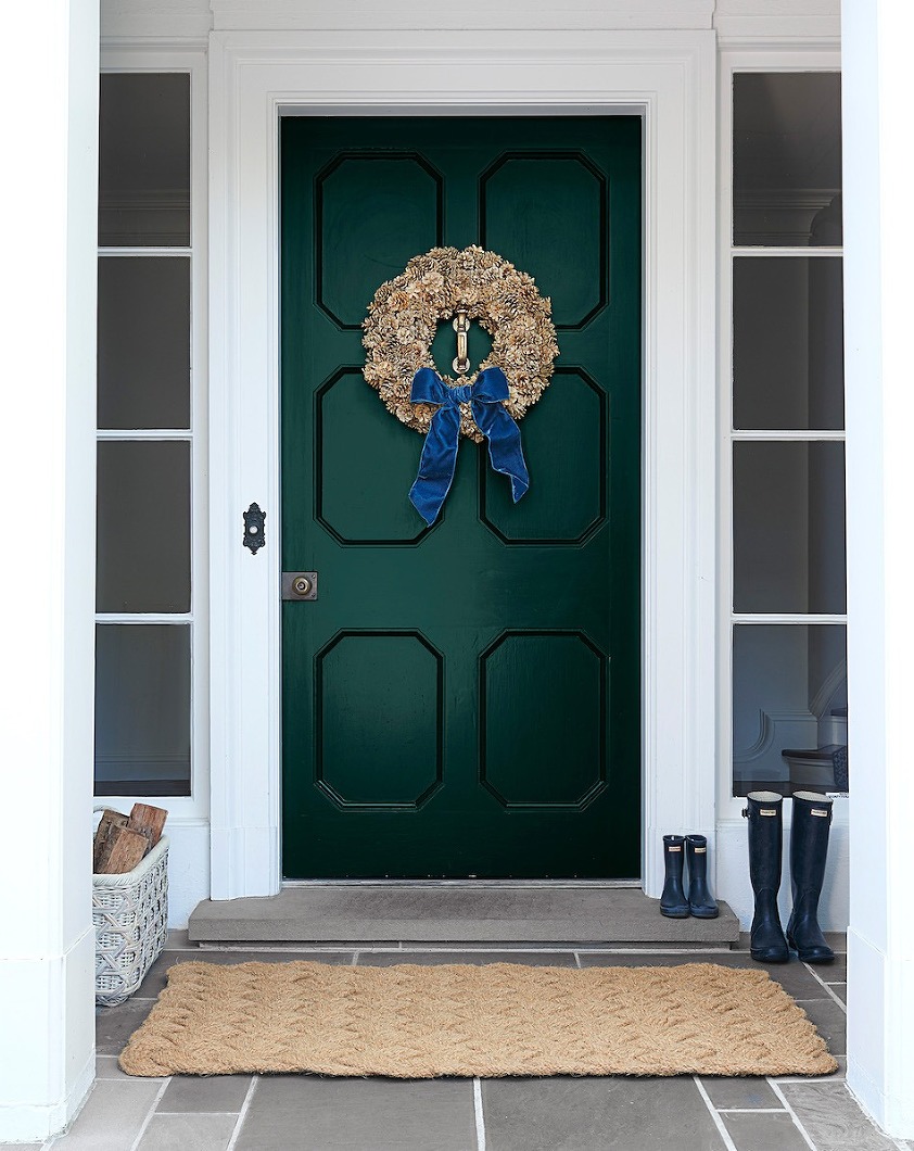 Serena & Lily Pinecone Wreath - with blue velvet ribbon on green door