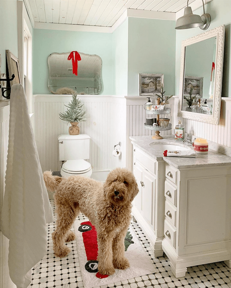 via @farmhouseluv on instagram - Ruby the poodle - bathroom Christmas 2019