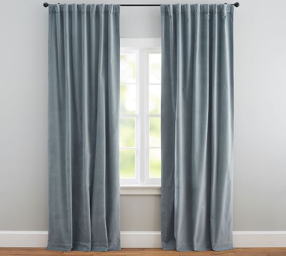 bedroom decorating ideas - teal velvet curtains from Pottery Barn