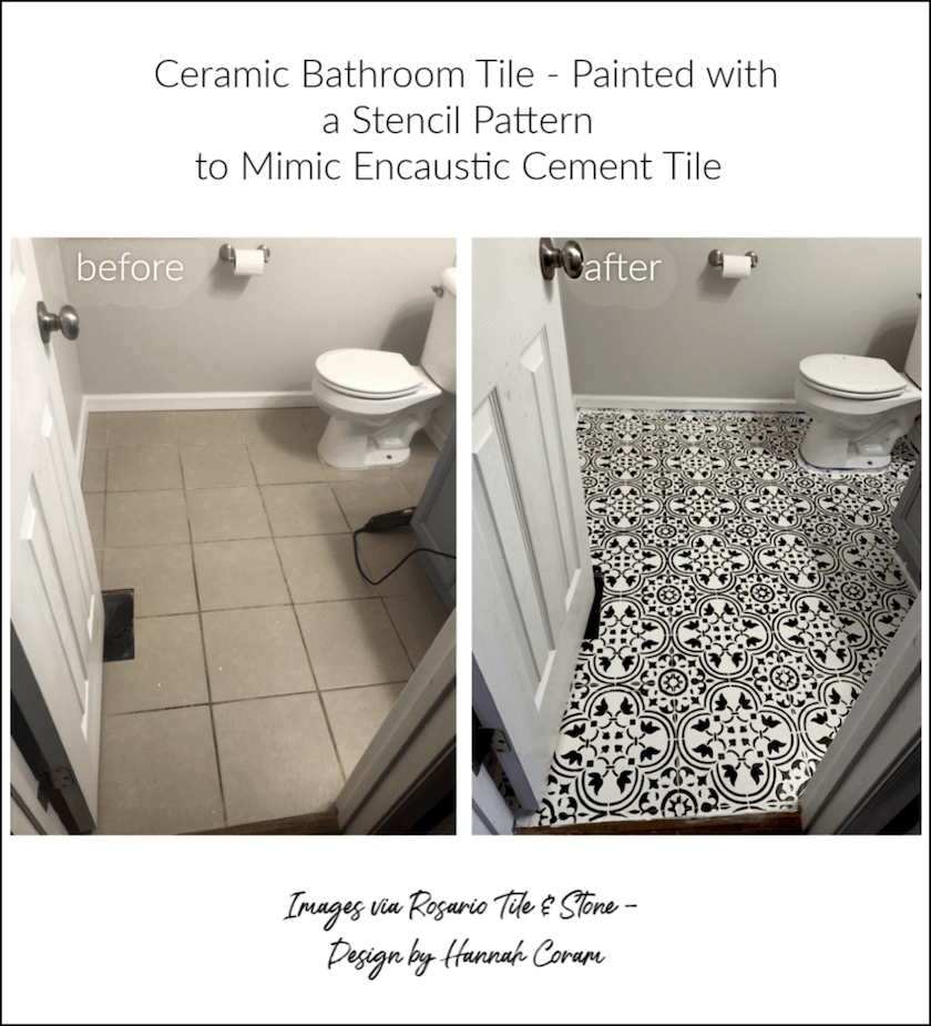 stenciled encaustic cement look-alike floor before and after - via Rosario Tile Stencil - Designed by Hannah Coram
