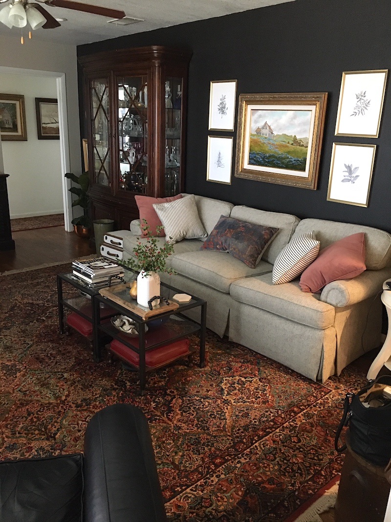 small living room decor sofa - dark oriental rug