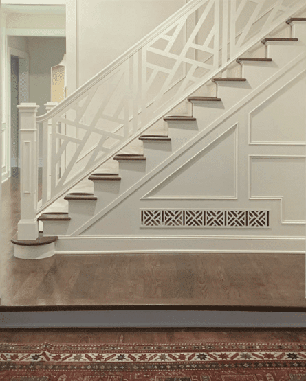 via 913interiors - Chinese Chippendale Stair railing and grille cover - builder home upgrades