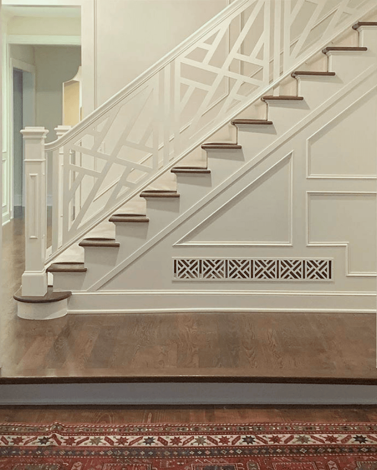 via 913interiors - Chinese Chippendale Stair railing and grille cover - builder home upgrades-20 best laurel home blog posts 2021
