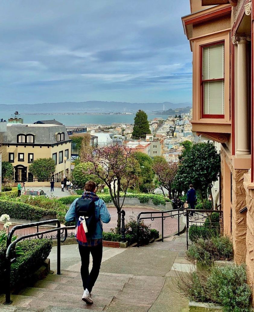 Classical Architecture in San Francisco-Lombard St. Man walking