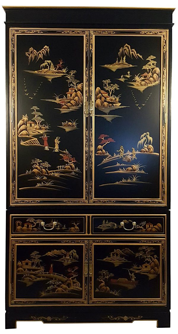 Oriental Armoire In Antique Black With Rich Gold Landscape - $1570 - high-low furnishings