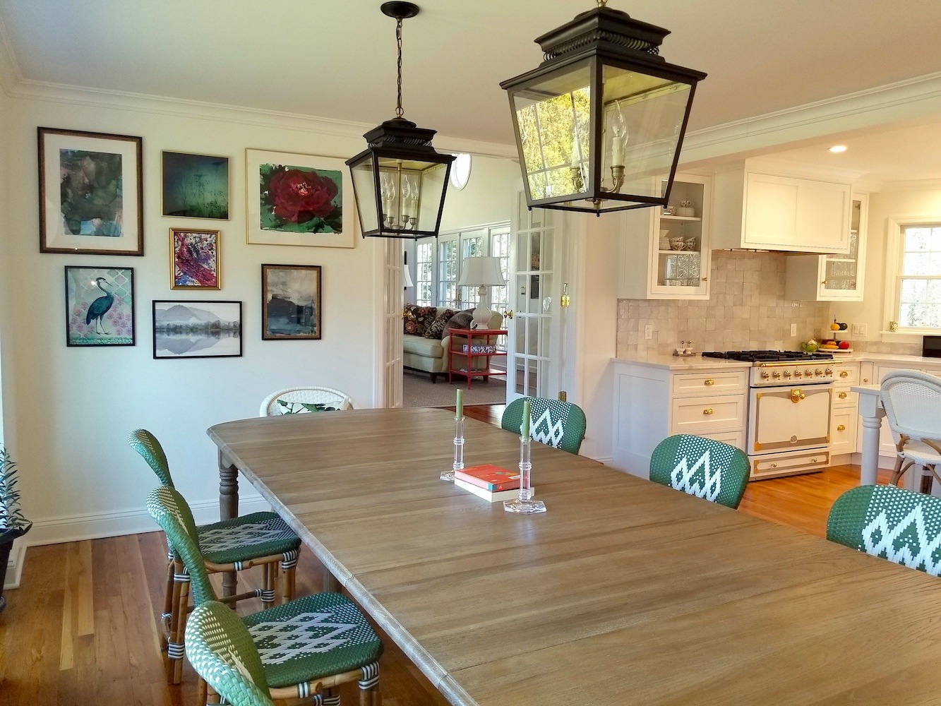Virtual Kitchen Design - Benjamin Moore - Simply White - art wall - party room - table - Wisteria - lanterns - Ballard Designs