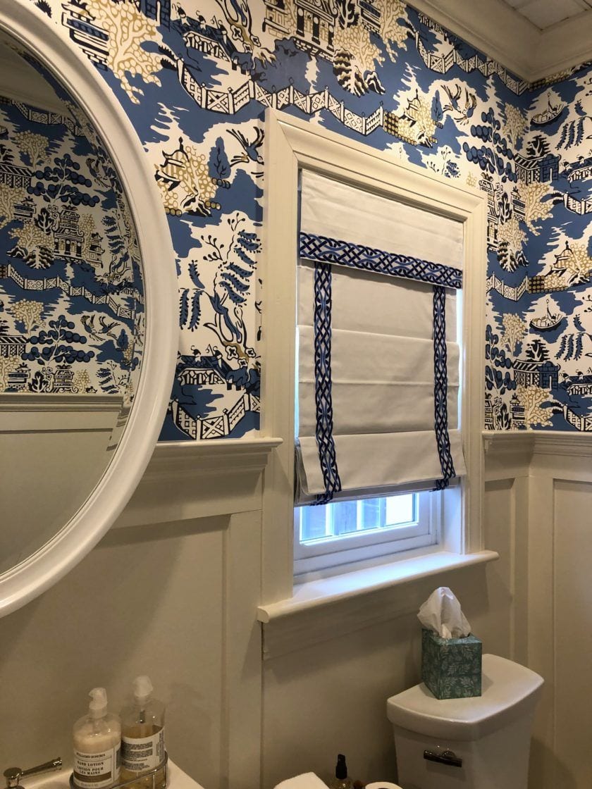 Blue and White Chinoiserie bathroom - Roman Shade - Bed, Bath and Beyond - budget window treatments