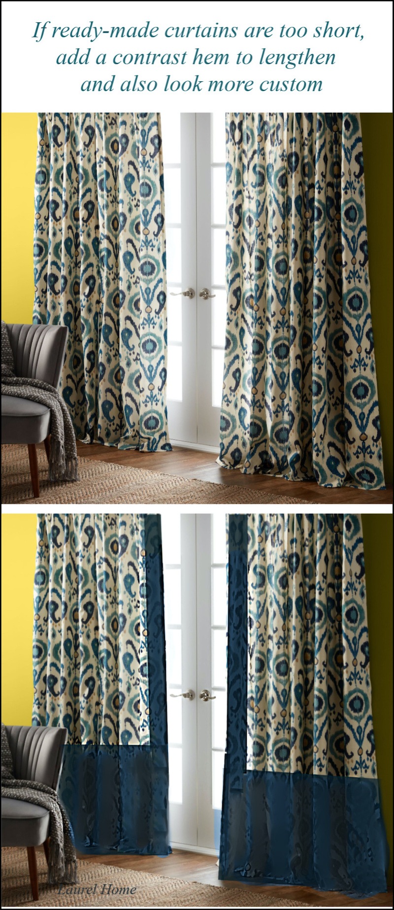 before and after contrast hem - budget window treatments - look expensive
