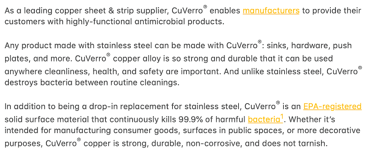 CuVerro copper alloy materials - antimicrobial