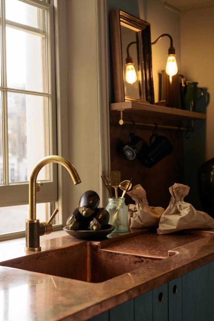 St James Square Kitchen DeVOL - copper countertops - integrated sink - brass faucet - no stainless steel