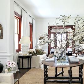 Best neutral color scheme - white walls - Steve Cordony - Rosedale Farm Living room - blooming branches-gateleg table