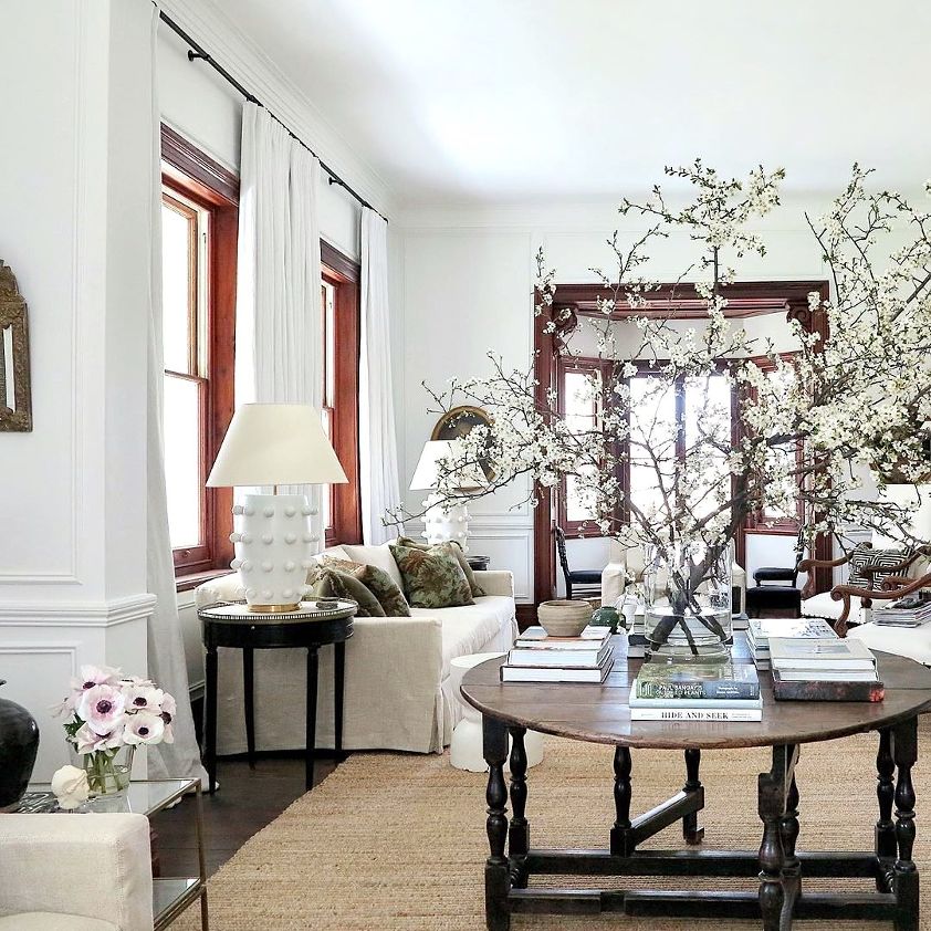 Best neutral color scheme - white walls - Steve Cordony style- Rosedale Farm Living room - blooming branches-gateleg table