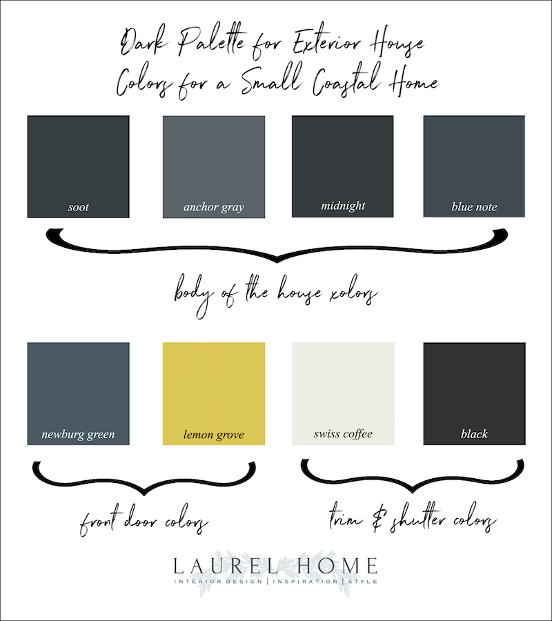 Dark palette for exterior house colors for a small coastal home