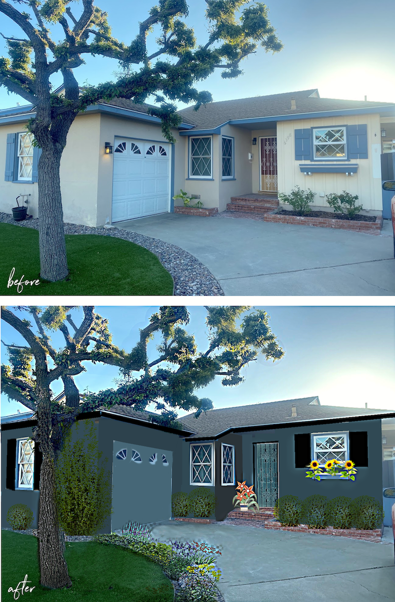 before and after dark house color gray door - Dark Exterior House Color