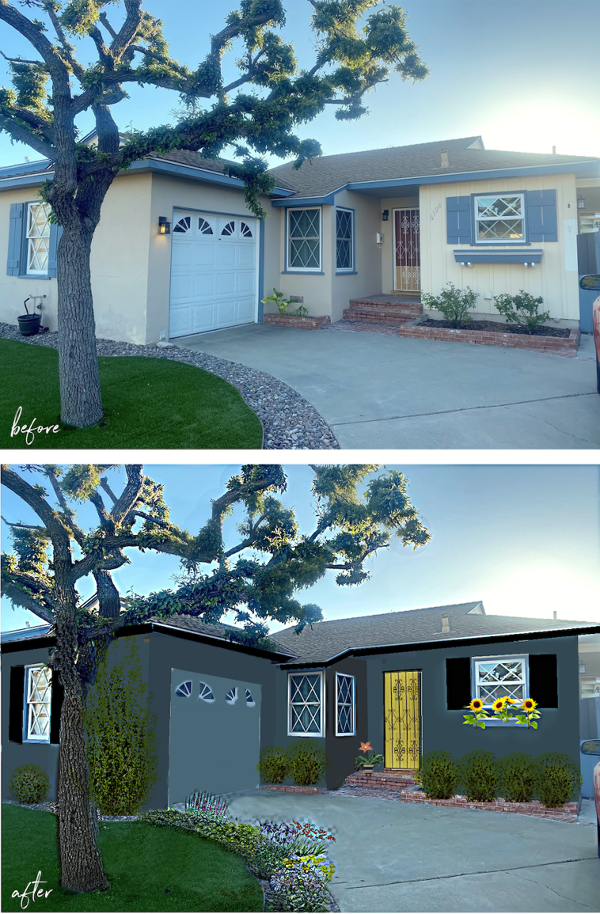 before and after dark house color yellow door - Dark Exterior House Color