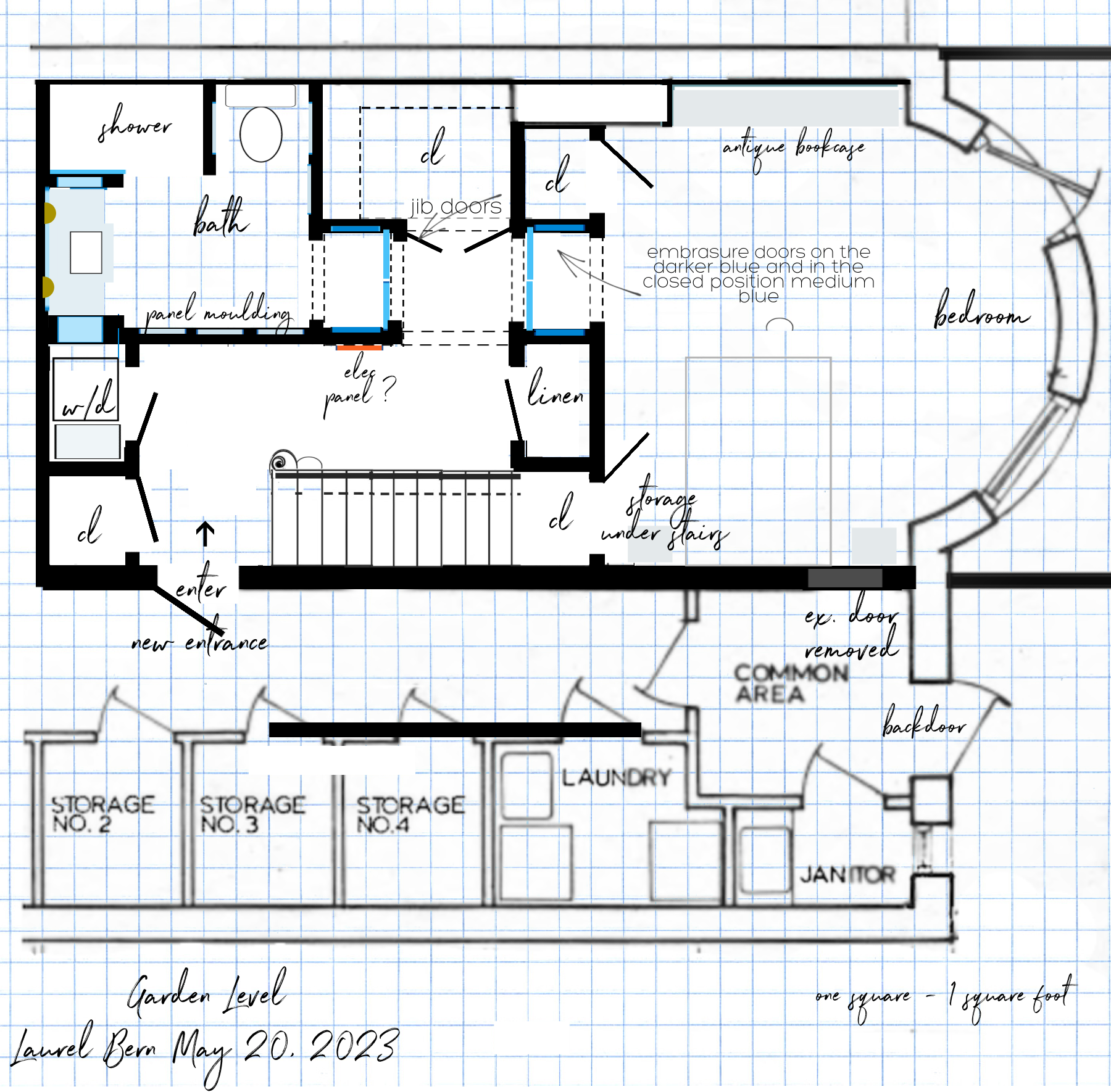 Straight run stairs Garden Level May 20, 2023 proposed plan bedroom suite hidden door panels - new hallway