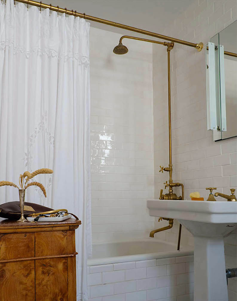 Michelle R Smith Interiors - vintage bathroom exposed pipes - elegant showe - vintage bathroom exposed pipes - elegant shower curtain - subway tile