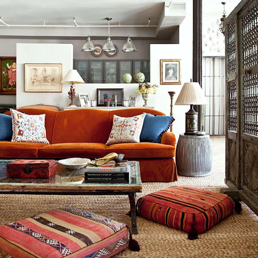 Deborah French - orange velvet sofa - orange decor