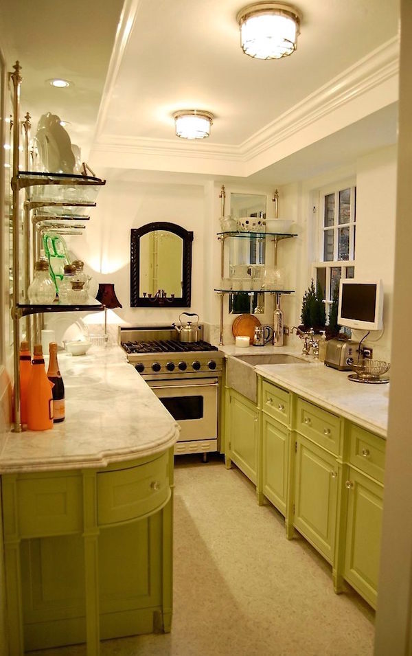 galley-kitchen-tray-ceiling-apple-green-cabinets-difficult-ceilings
