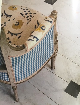 via Katie Considers - Furlow Gatewood hardwood floor finish - white floor - antique-armchair-robert-kime-fabric-gingham-upholstery