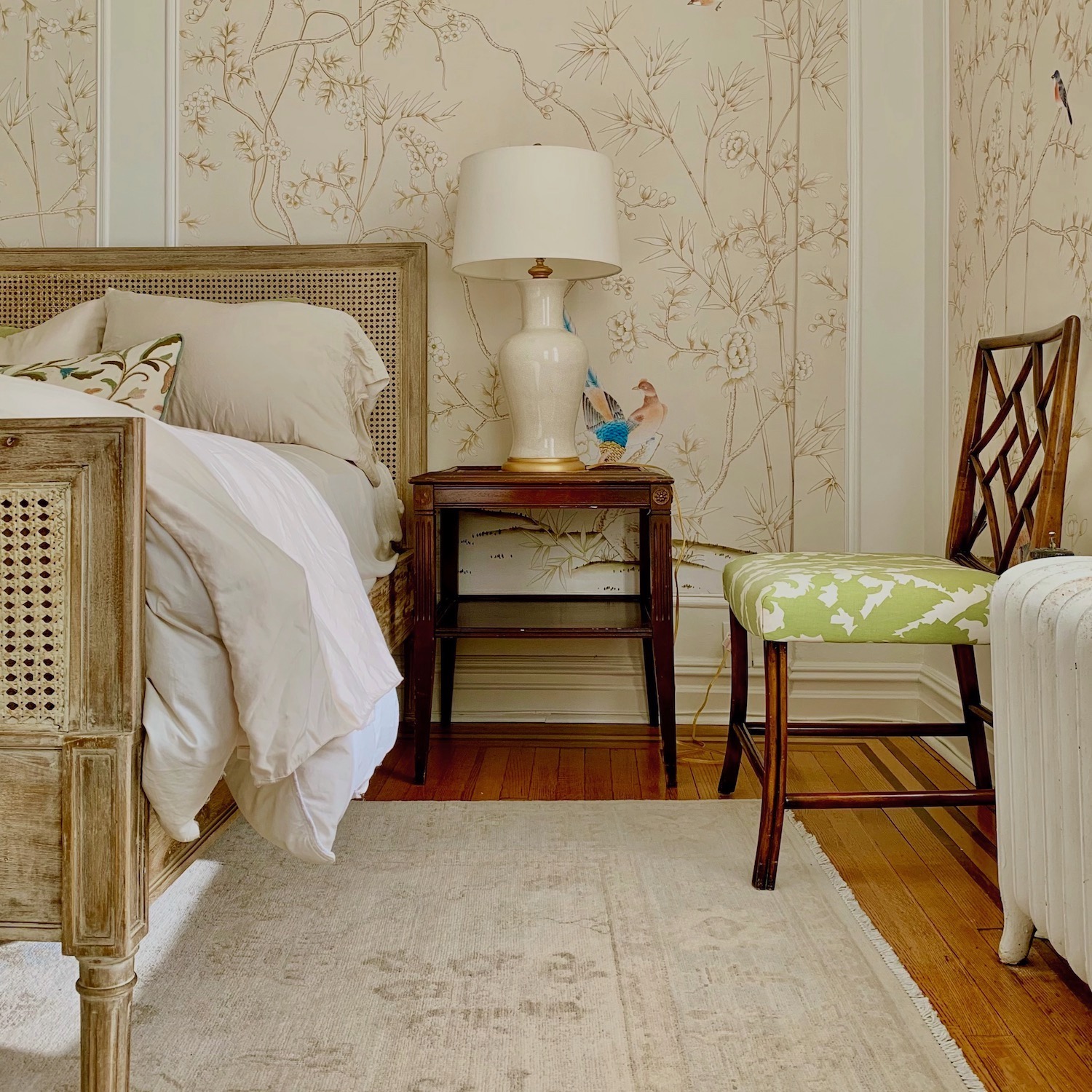 Pondfield Rd W - Bronxville apartment for sale - bedroom - Mural Sources - Chinoiserie Wallpaper - Benjamin Moore White Dove wall color - Harbour Cane bed - Serena & Lily