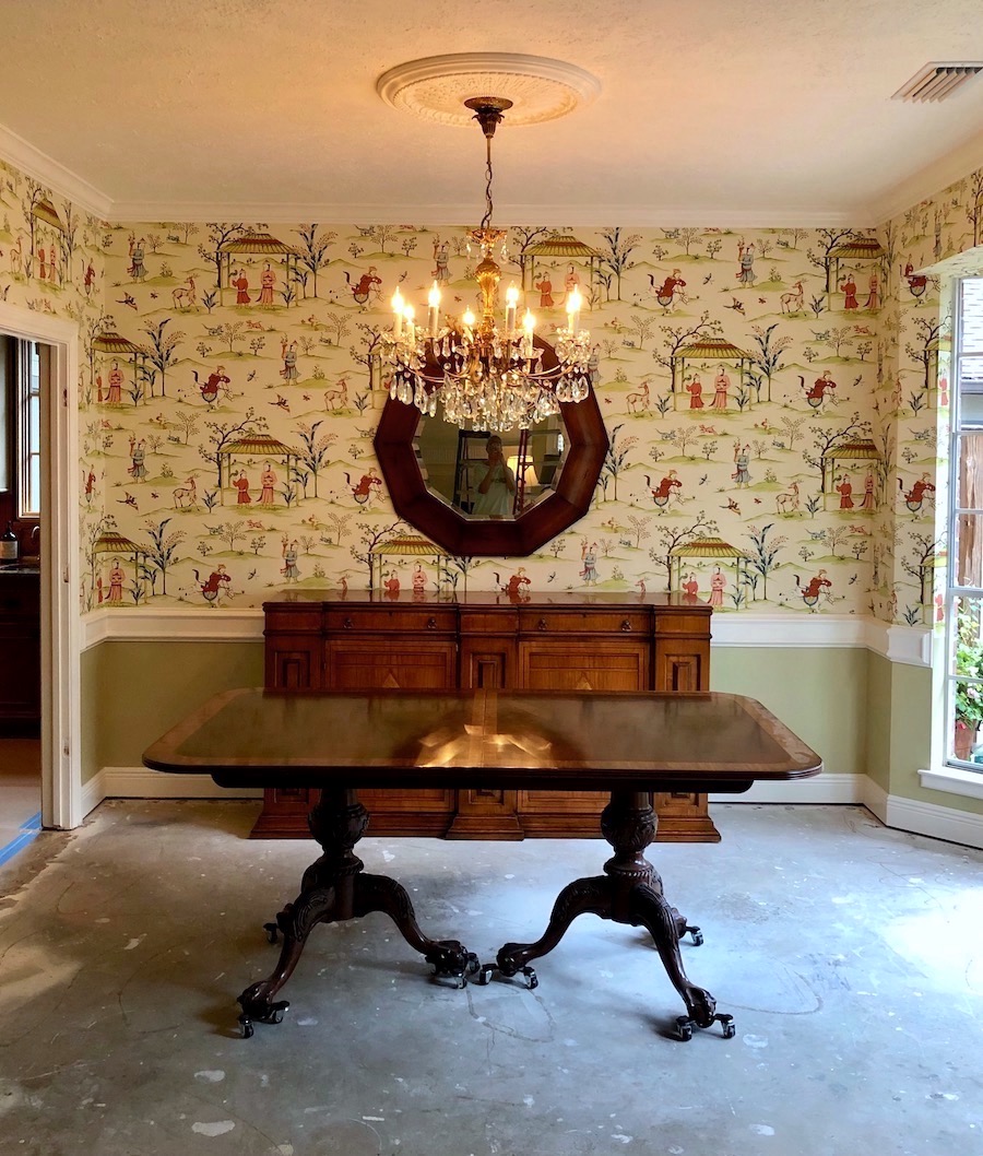 dining room with Thibaut Chinoiserie wallpaper