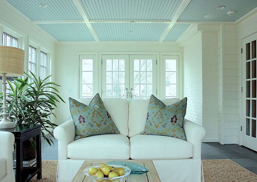 interior design trends 2021 - walls - Benjamin Moore Linen White - ceiling - BM Palladian Blue - Chappaqua Sunroom - former porch - house clapboard siding not shiplapJPG