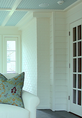 thumbnail - interior design trends 2021 - walls - Benjamin Moore Linen White - ceiling - BM Palladian Blue - Chappaqua Sunroom - former porch - house clapboard siding. This is not shipla
