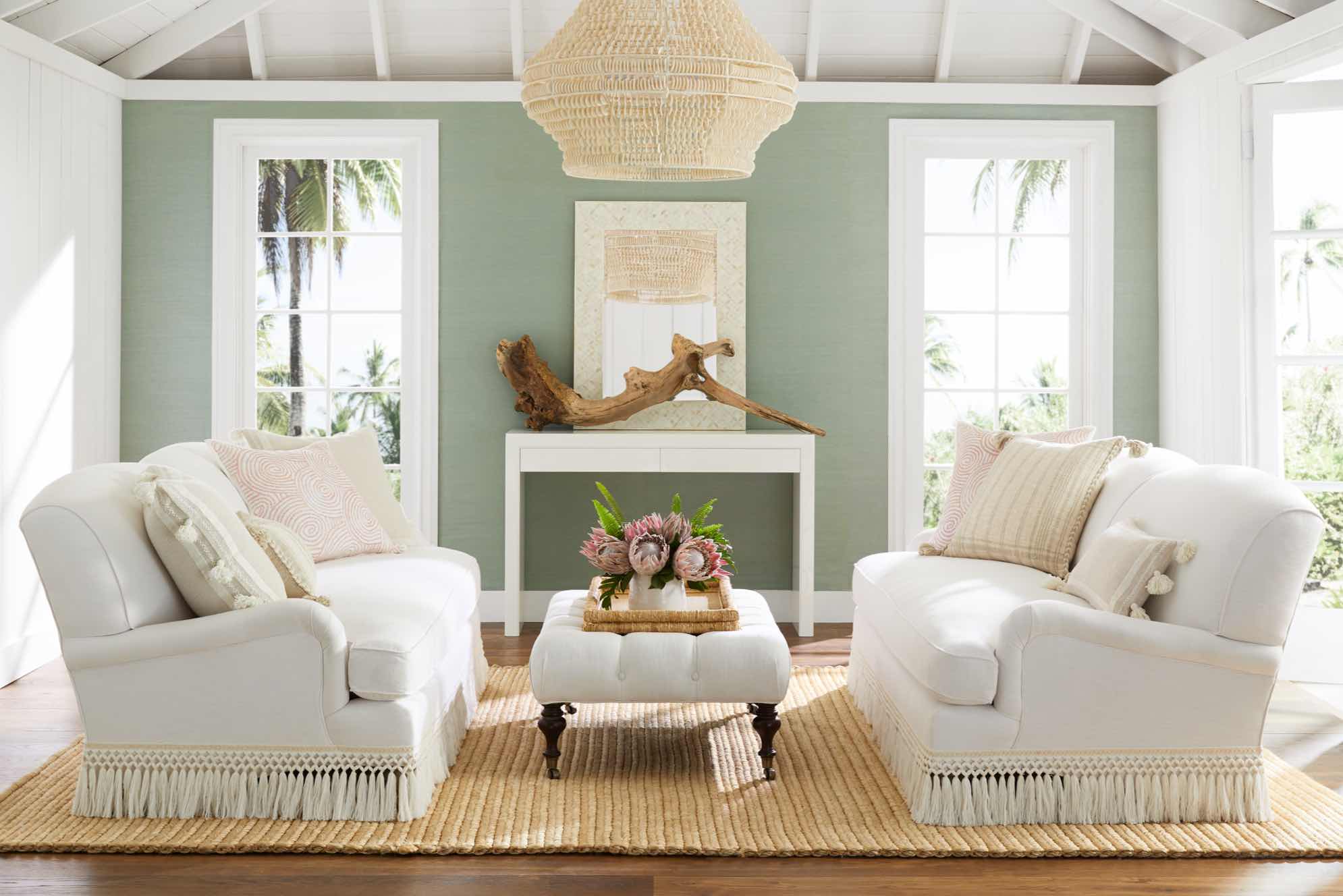 Miramar Fringed Sofa - Perennials White Basketweave | Serena & Lily