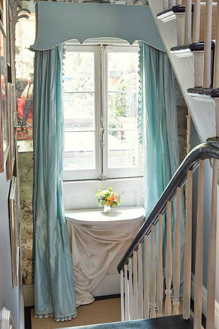Miles Redd silk draperies - window valance - staircase