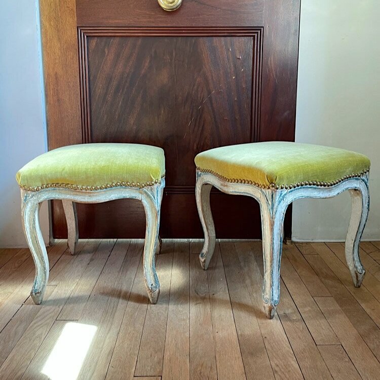 Louis XV Tabourets - Gerald Bland Inc - Chartreuse linen velvet upholstery