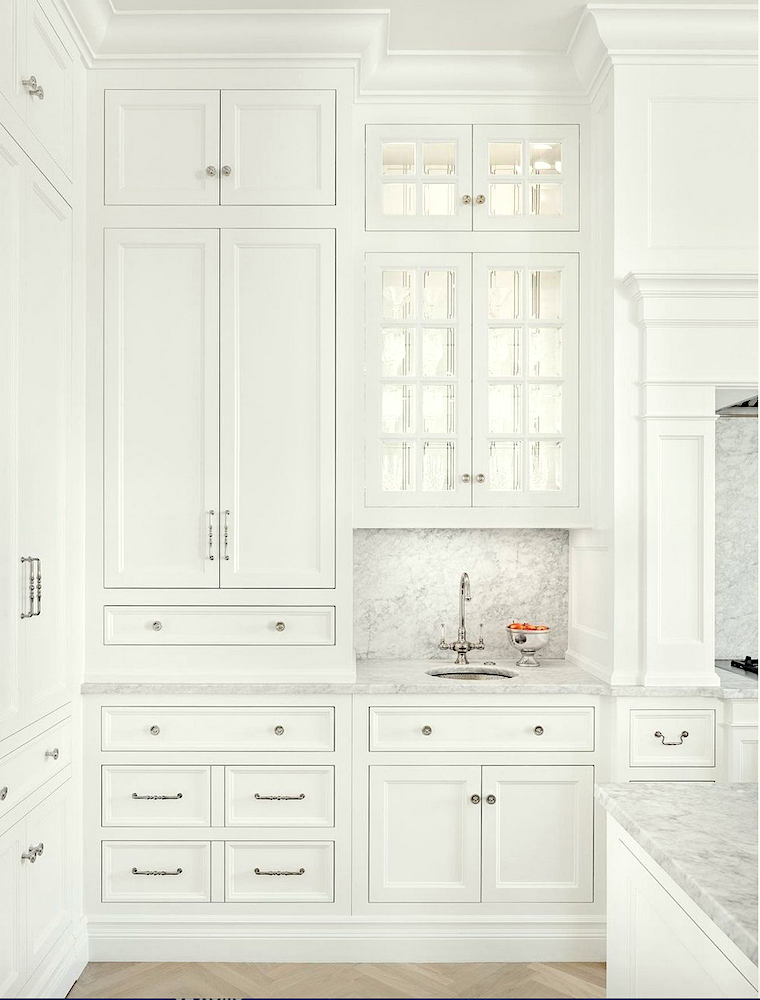 CScabinetry on instagram - beautiful white kitchen - beveled glass cabinets