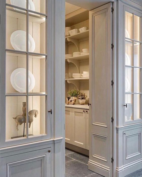 minnie peters tall-glass-cabinet-doors-flank-butlers-pantry - one of my favorite kitchen pantries