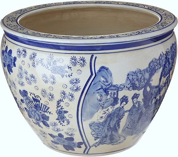 Oriental Furniture 14" Ladies blue & white porcelain fishbowl