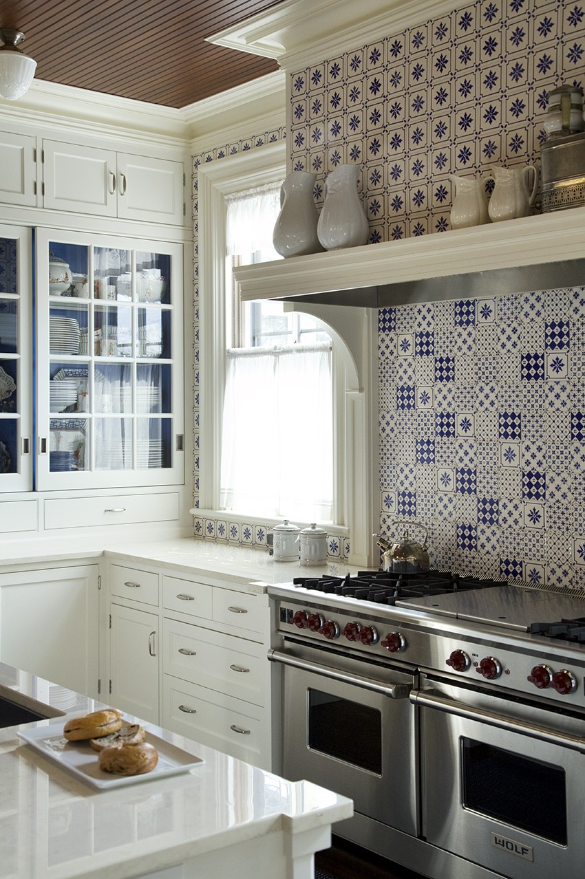 Beautiful White Kitchen with Ceiling Mural - Crystal Cabinets