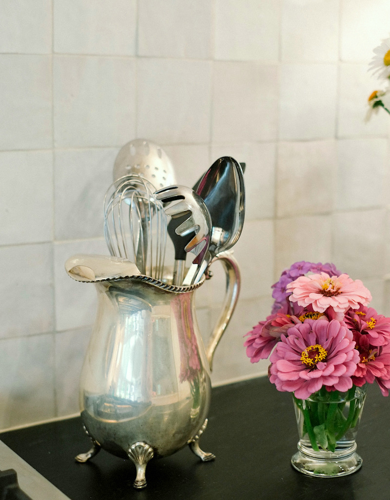 Kitchen makeover detail - Zellige Tile - vintage silver pitcher