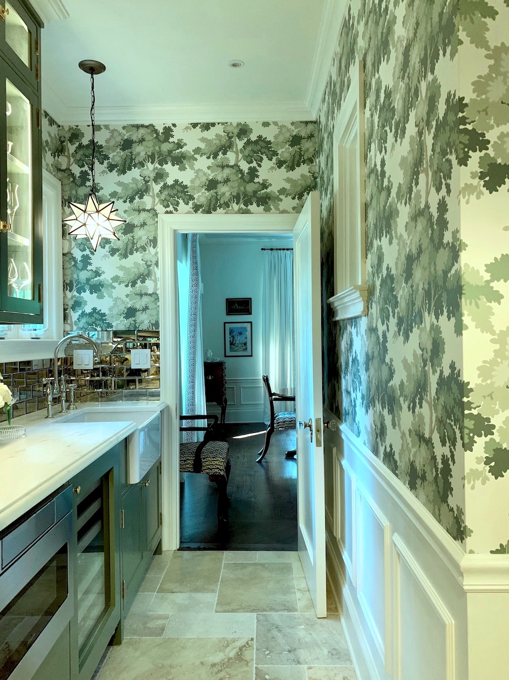 s pantry iconic wallpaper - Sandberg Raphael - green - dining room.Farrow & Ball Calke Green cabinetry