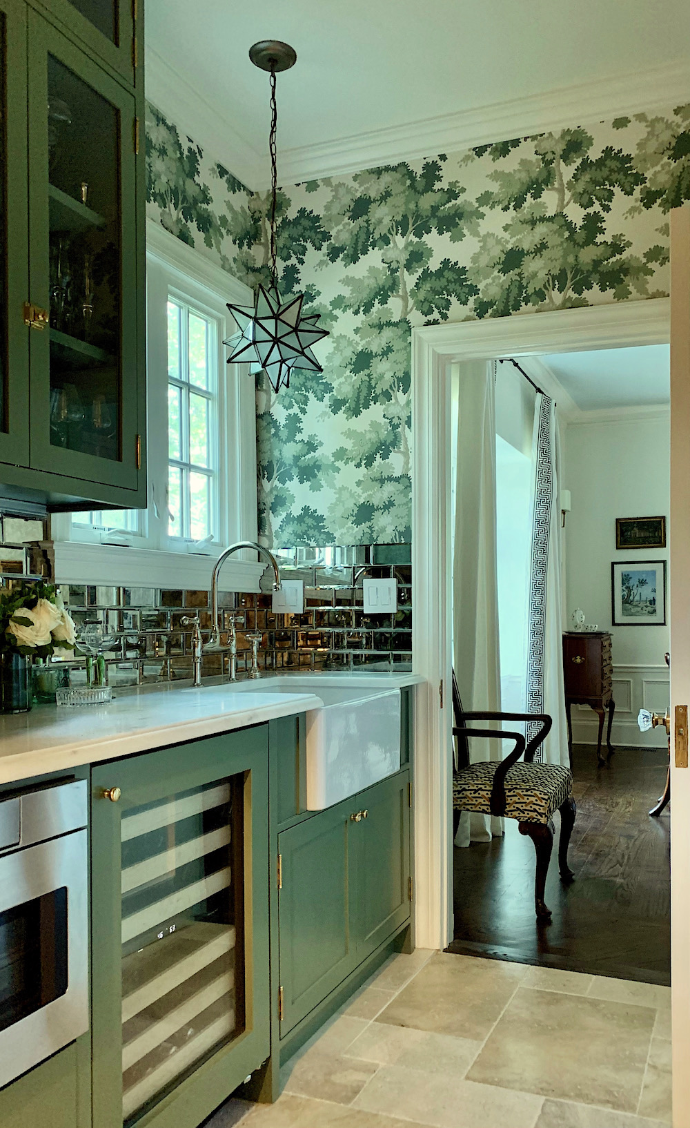 Farrow & Ball Calke Green cabinetry Butler's pantry iconic wallpaper - Sandberg Raphael - green