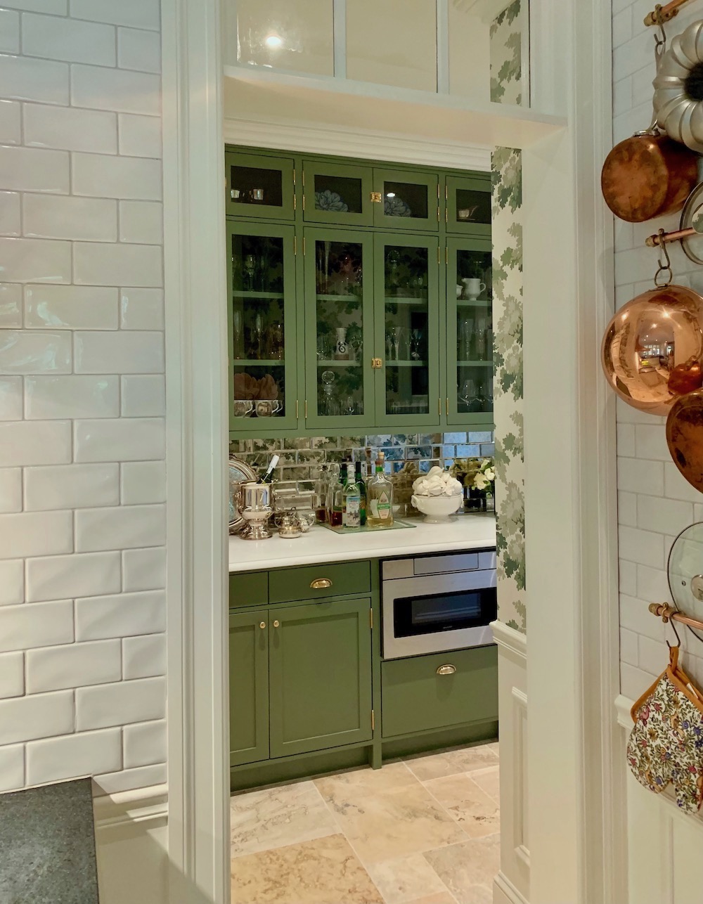 Butler's pantry - subway tile - copper pots - Farrow & Ball Calke Green cabinetry