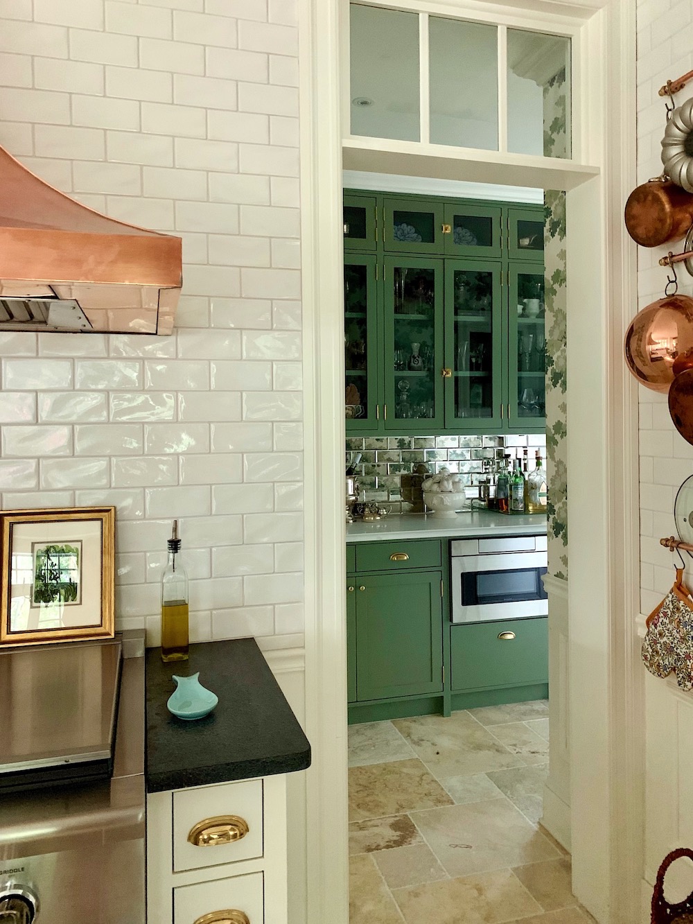 New transom window - new butler's pantry - Farrow & Ball Calke Green cabinetry