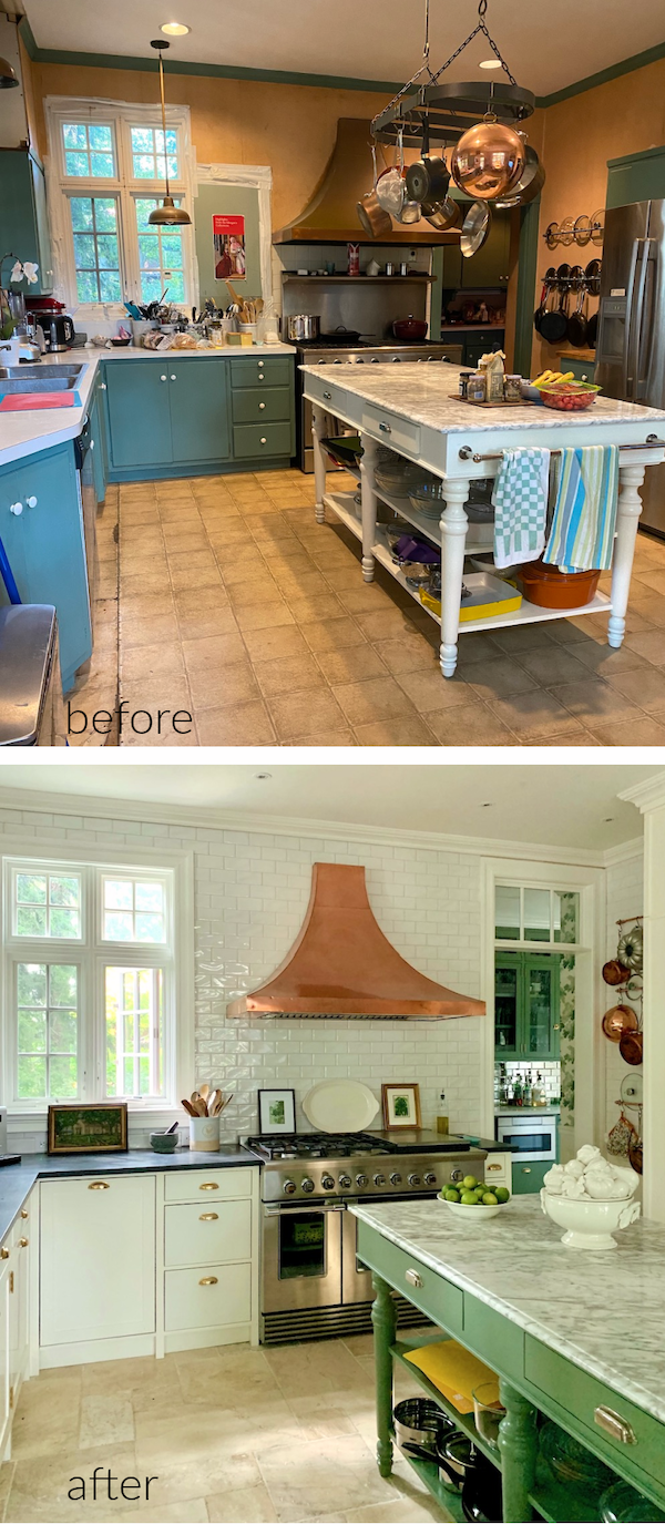 before & after kitchen renovation featuring Farrow & Ball Calke Green paint