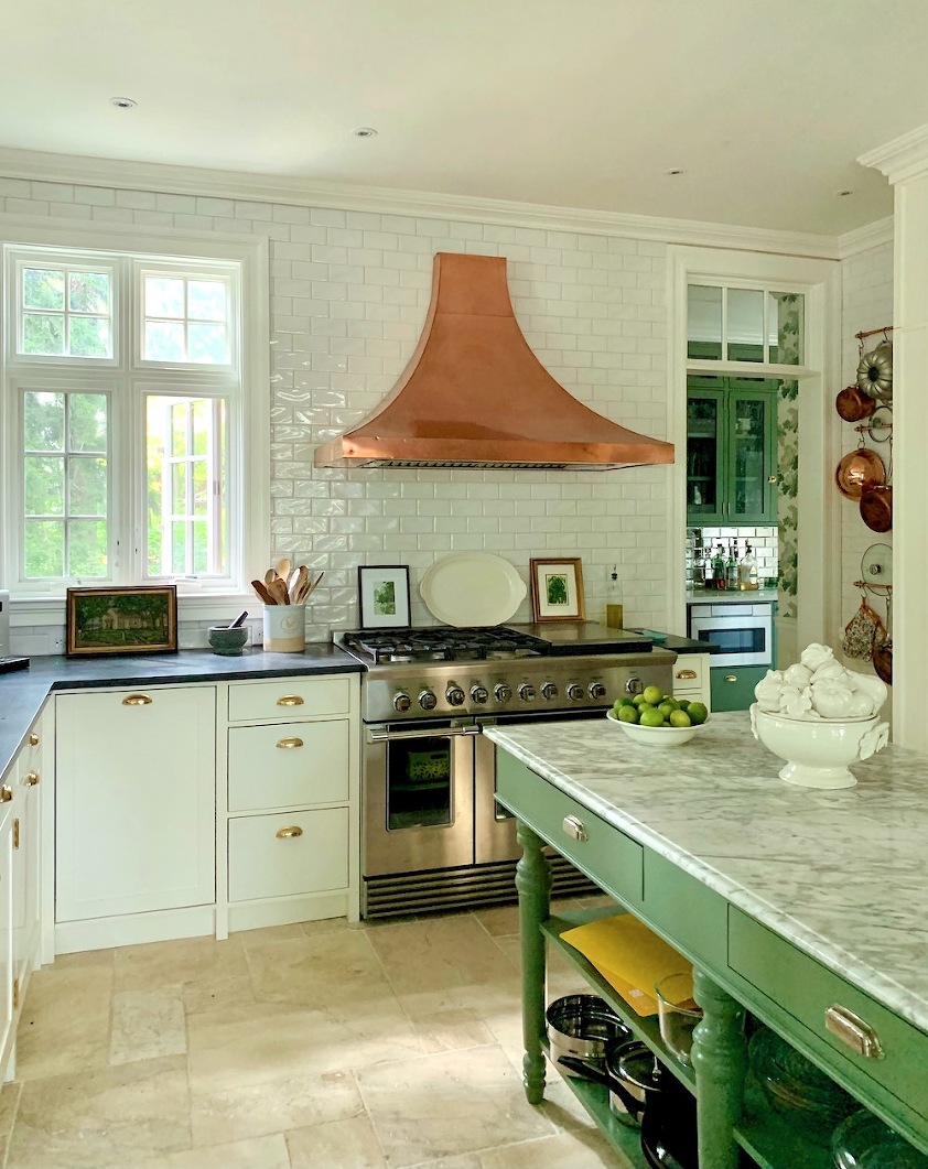 kitchen renovation after - charming old home - Farrow & Ball Calke Green cabinetry and island