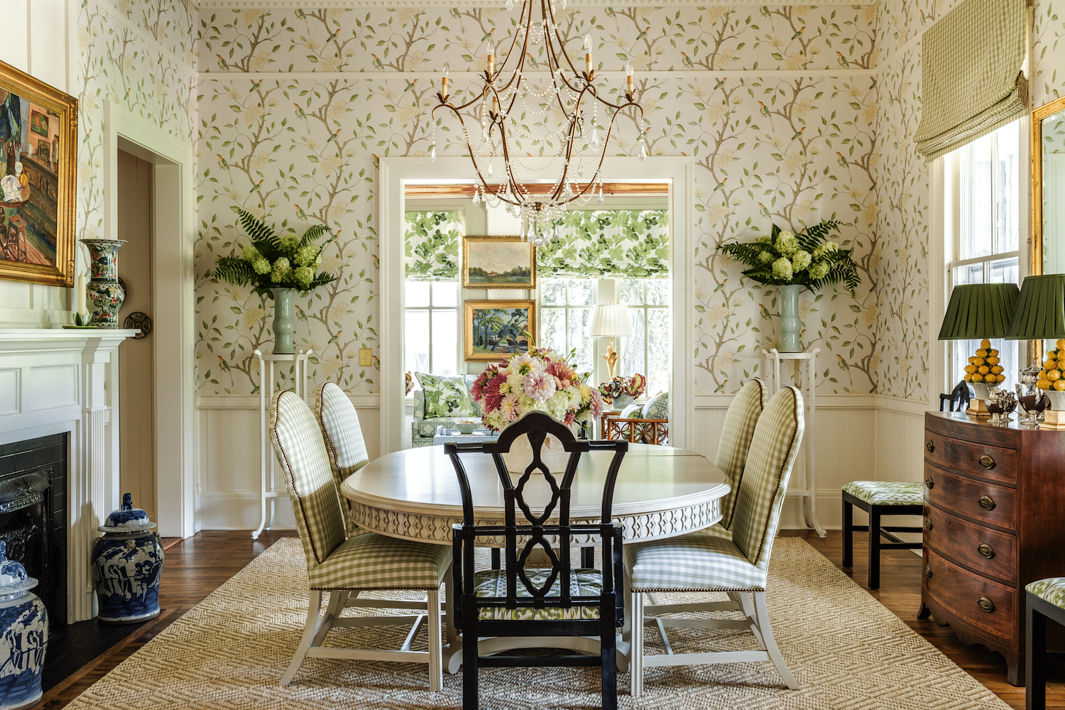 @southernhomemag @jamestfarmer - eclectic dining room - Zoffany wallpaper - checked fabric - Brunschwig and Fils
