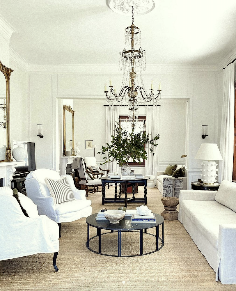 no-fail decorating plan @stevecordony - eclectic interiors - new trad living room Rosedale Farm gorgeous crystal chandeliers - white slipcovers - white-on-white