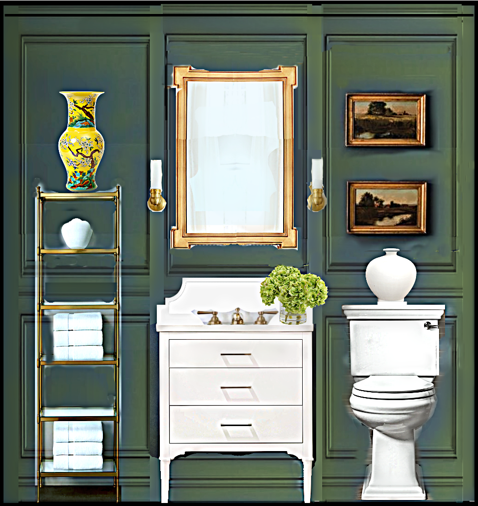 dark green wall with moulding white vanity Mrs. F